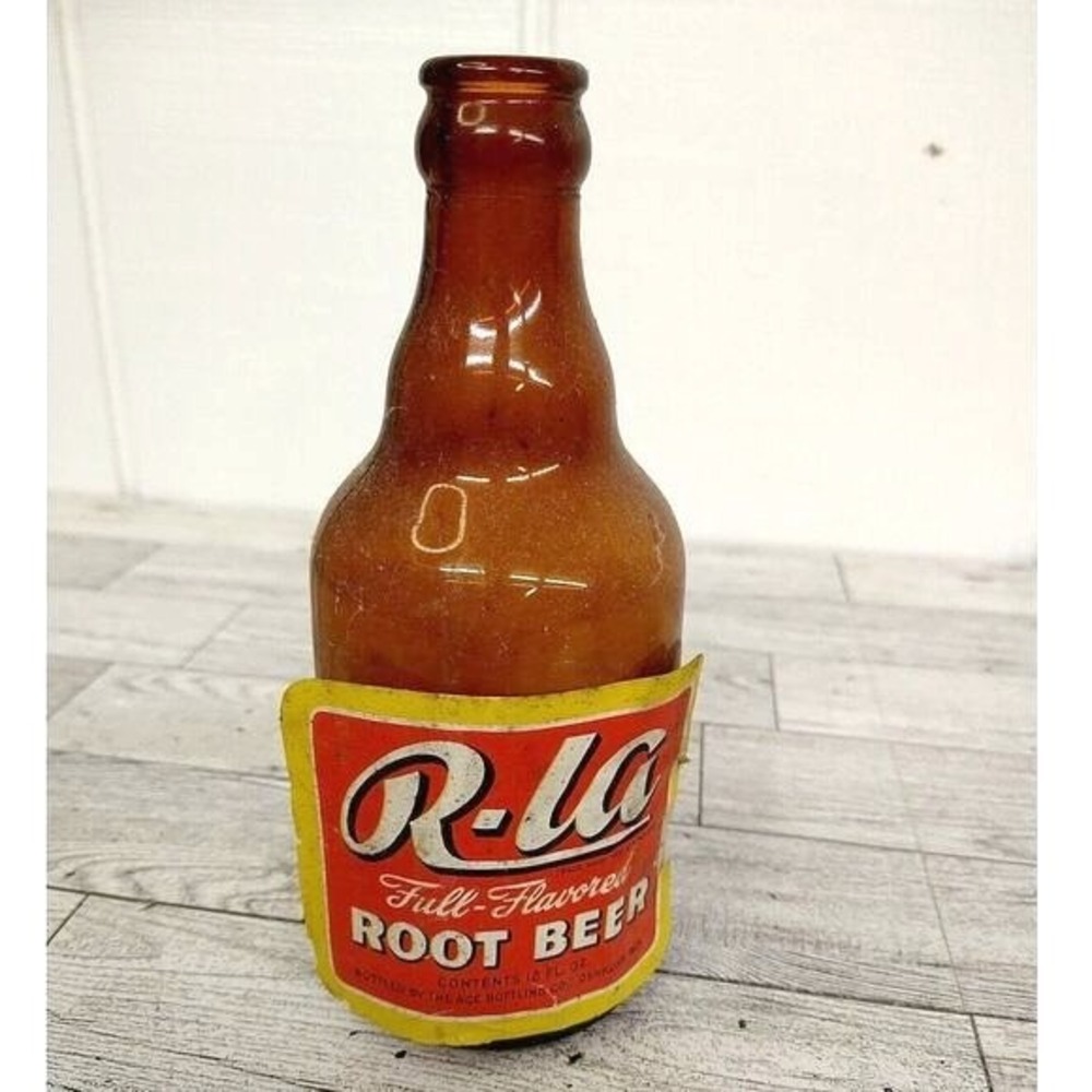 VTG R-La Root Beer 12oz Soda Steinie Bottle Ace Bottling Paper Label RARE ^